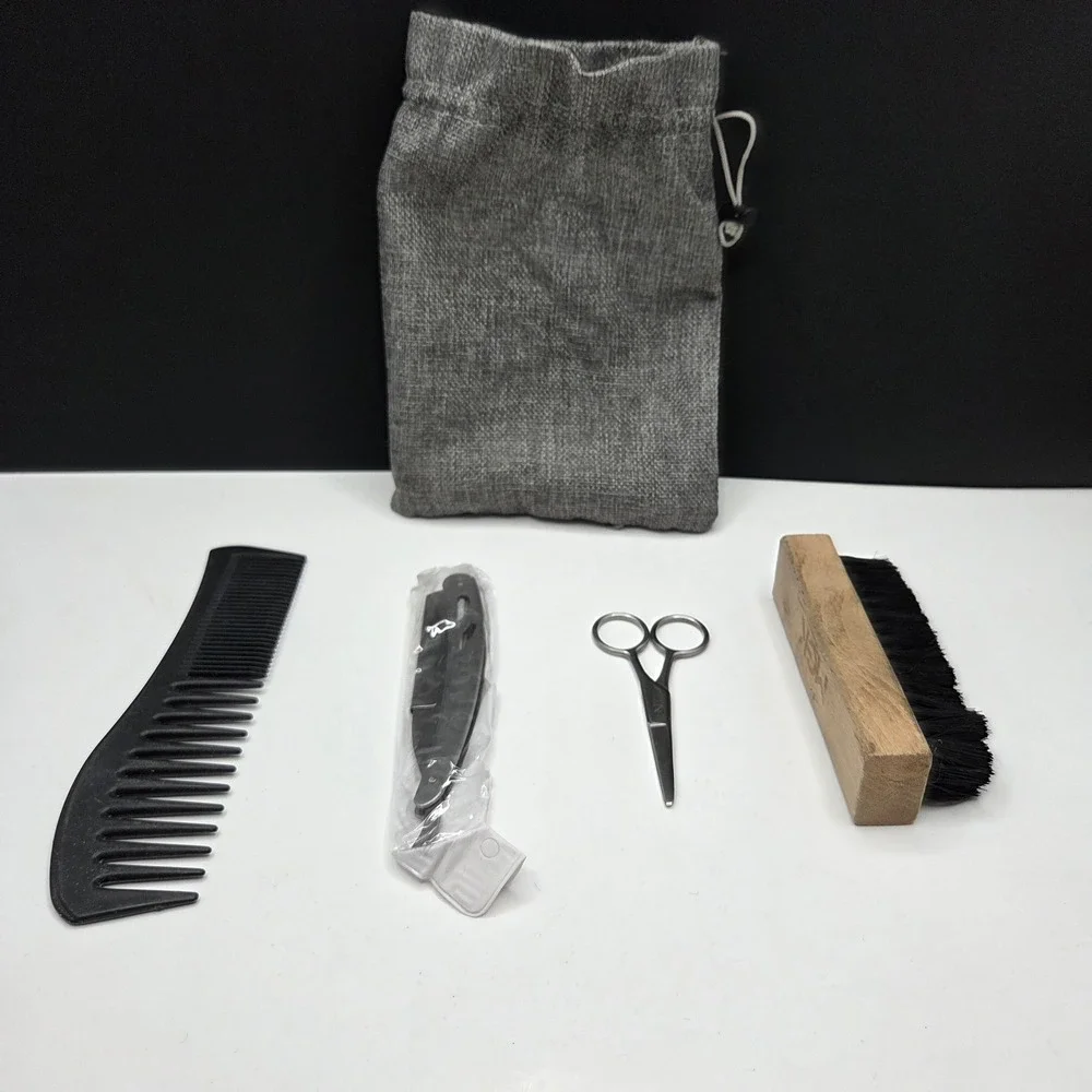 Beard Grooming Kit Straight Razor Scissors Brush Comb Set Silver Black